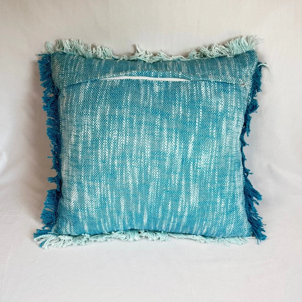 C&C California Home Teal Woven Cotton Fringed Throw Pillow 18x18 Boho Accent